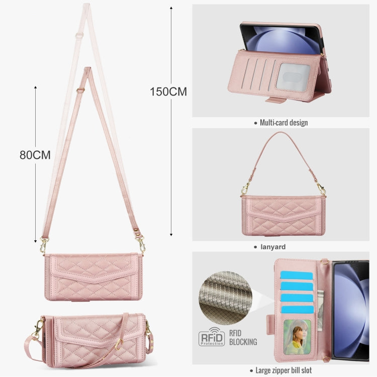 For Samsung Galaxy Z Fold5 Splicing Rhombic Texture Card Holder Phone Case with Lanyard, Not Included Pen