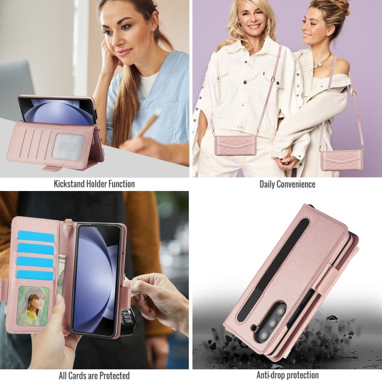 For Samsung Galaxy Z Fold5 Splicing Rhombic Texture Card Holder Phone Case with Lanyard, Not Included Pen