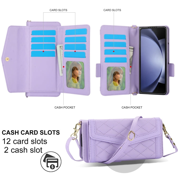 For Samsung Galaxy Z Fold5 Splicing Rhombic Texture Card Holder Phone Case with Lanyard, Not Included Pen