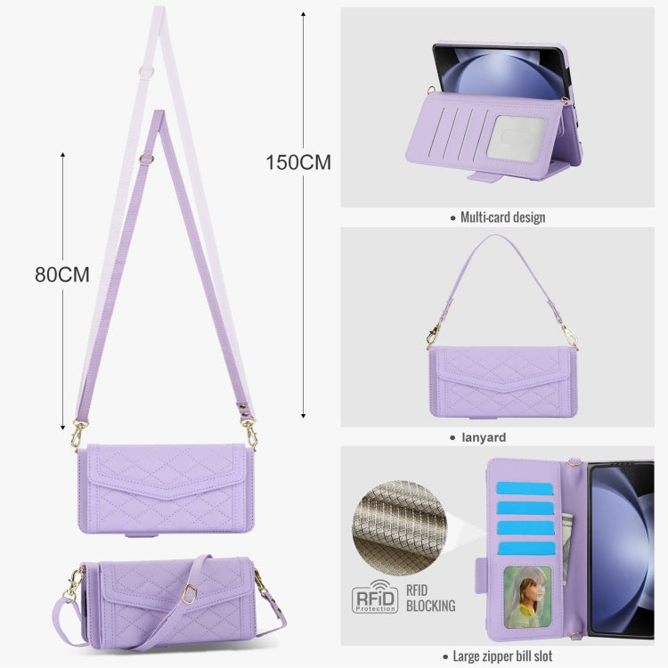 For Samsung Galaxy Z Fold5 Splicing Rhombic Texture Card Holder Phone Case with Lanyard, Not Included Pen