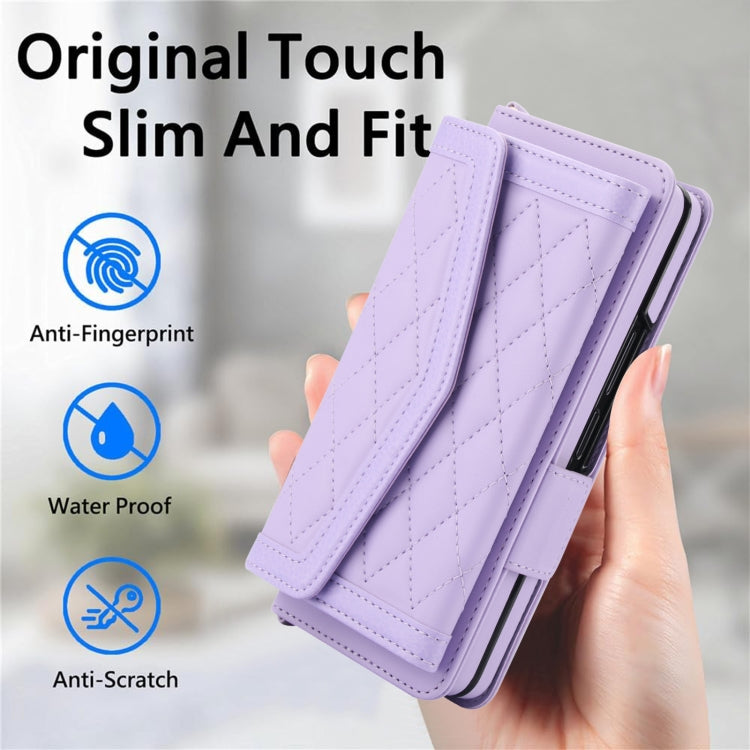 For Samsung Galaxy Z Fold5 Splicing Rhombic Texture Card Holder Phone Case with Lanyard, Not Included Pen