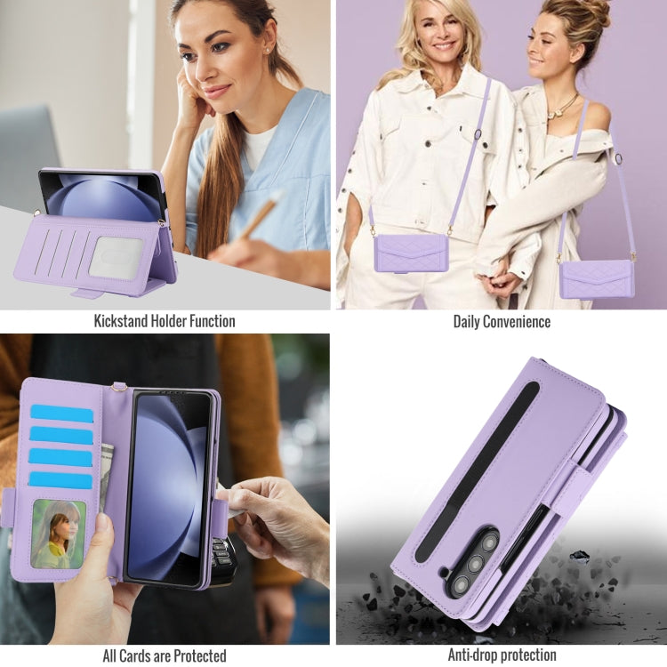 For Samsung Galaxy Z Fold5 Splicing Rhombic Texture Card Holder Phone Case with Lanyard, Not Included Pen
