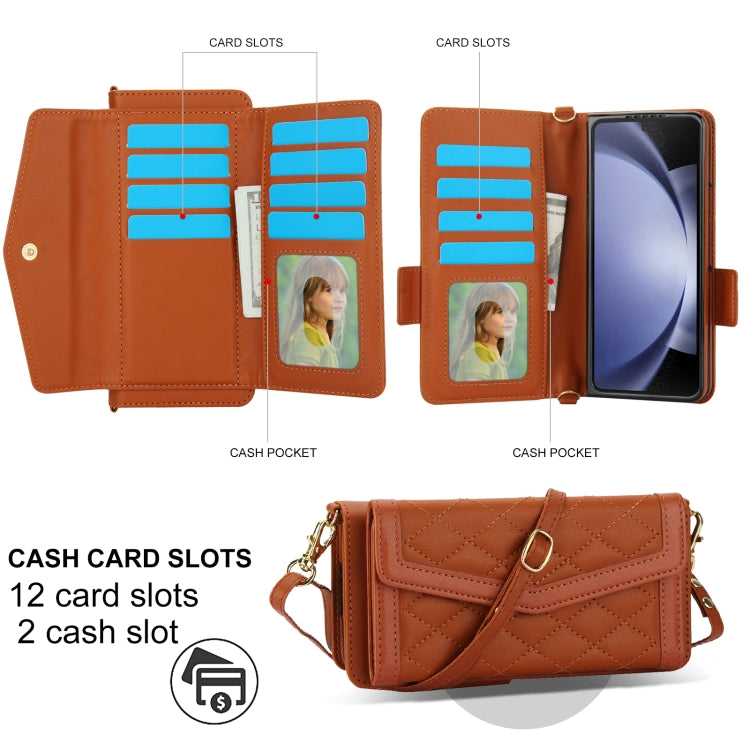 For Samsung Galaxy Z Fold5 Splicing Rhombic Texture Card Holder Phone Case with Lanyard, Not Included Pen