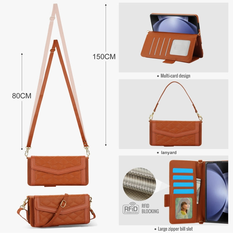 For Samsung Galaxy Z Fold5 Splicing Rhombic Texture Card Holder Phone Case with Lanyard, Not Included Pen