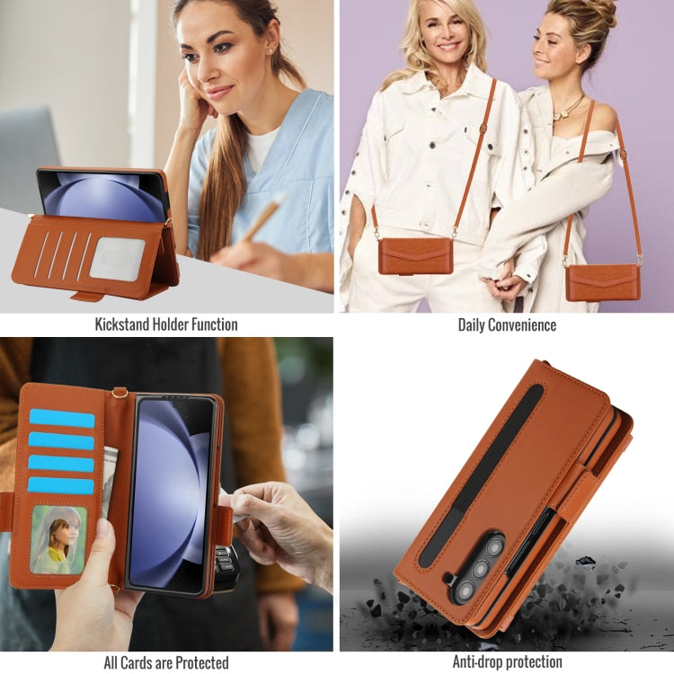 For Samsung Galaxy Z Fold5 Splicing Rhombic Texture Card Holder Phone Case with Lanyard, Not Included Pen