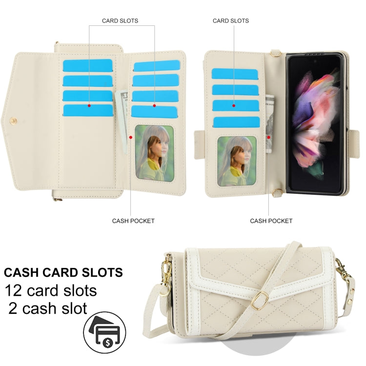 For Samsung Galaxy Z Fold4 Splicing Rhombic Texture Card Holder Phone Case with Lanyard, Not Included Pen