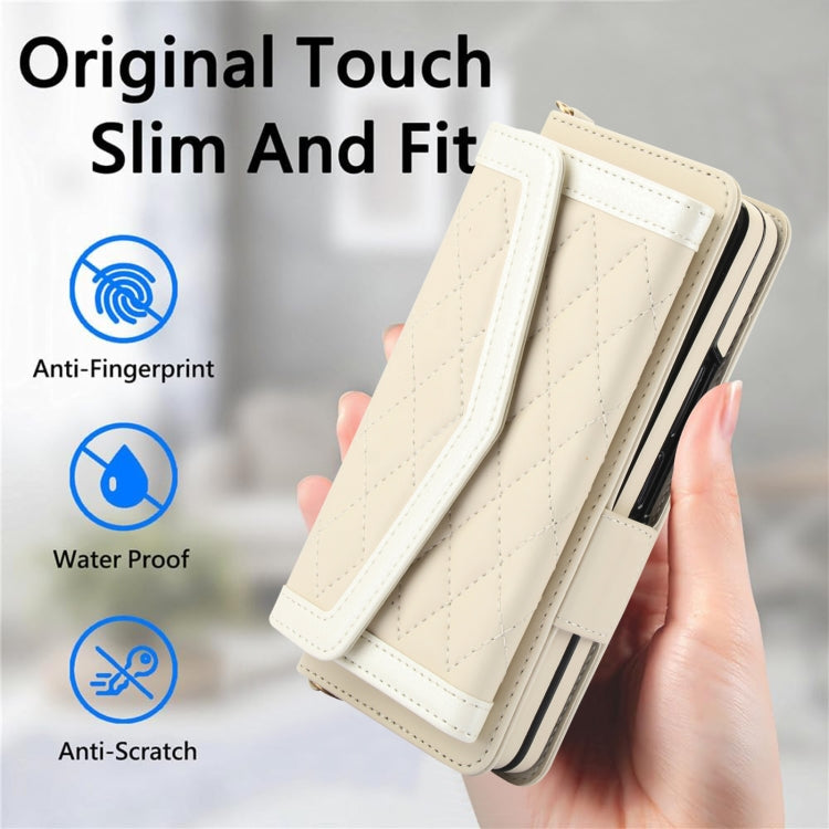 For Samsung Galaxy Z Fold4 Splicing Rhombic Texture Card Holder Phone Case with Lanyard, Not Included Pen