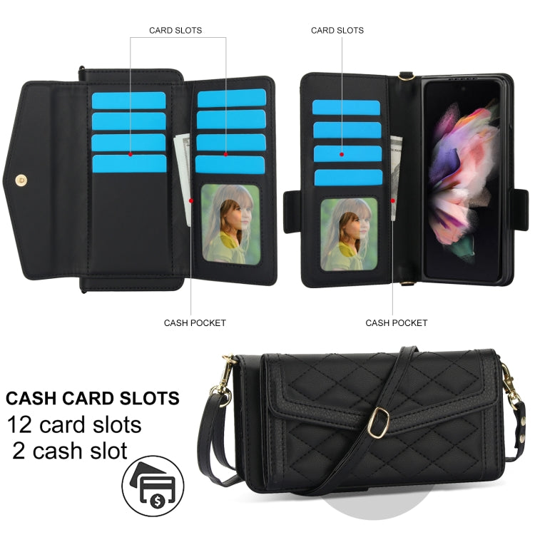 For Samsung Galaxy Z Fold4 Splicing Rhombic Texture Card Holder Phone Case with Lanyard, Not Included Pen