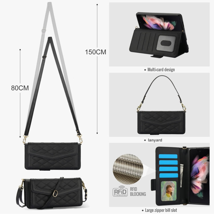 For Samsung Galaxy Z Fold4 Splicing Rhombic Texture Card Holder Phone Case with Lanyard, Not Included Pen