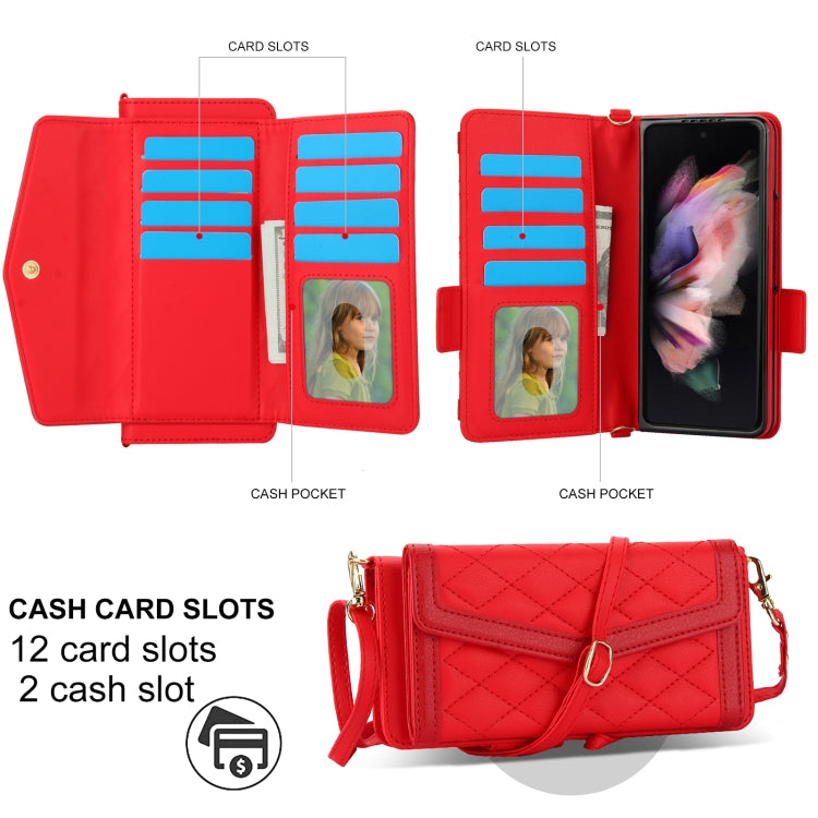 For Samsung Galaxy Z Fold4 Splicing Rhombic Texture Card Holder Phone Case with Lanyard, Not Included Pen