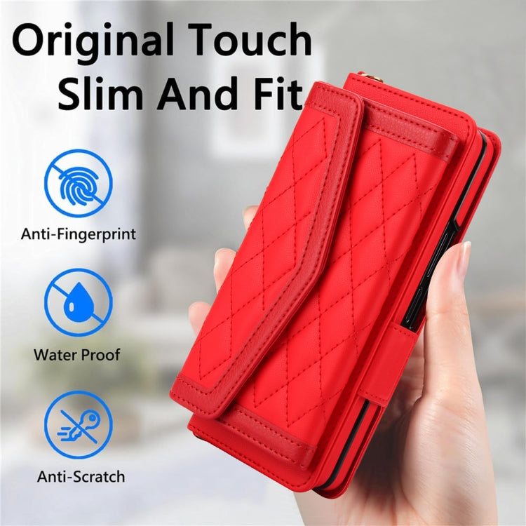 For Samsung Galaxy Z Fold4 Splicing Rhombic Texture Card Holder Phone Case with Lanyard, Not Included Pen