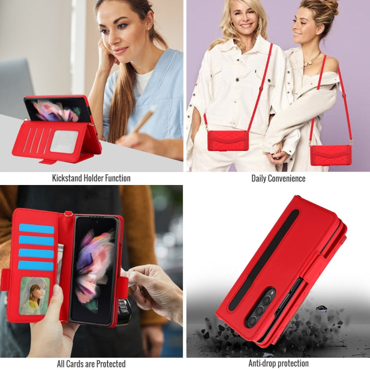 For Samsung Galaxy Z Fold4 Splicing Rhombic Texture Card Holder Phone Case with Lanyard, Not Included Pen