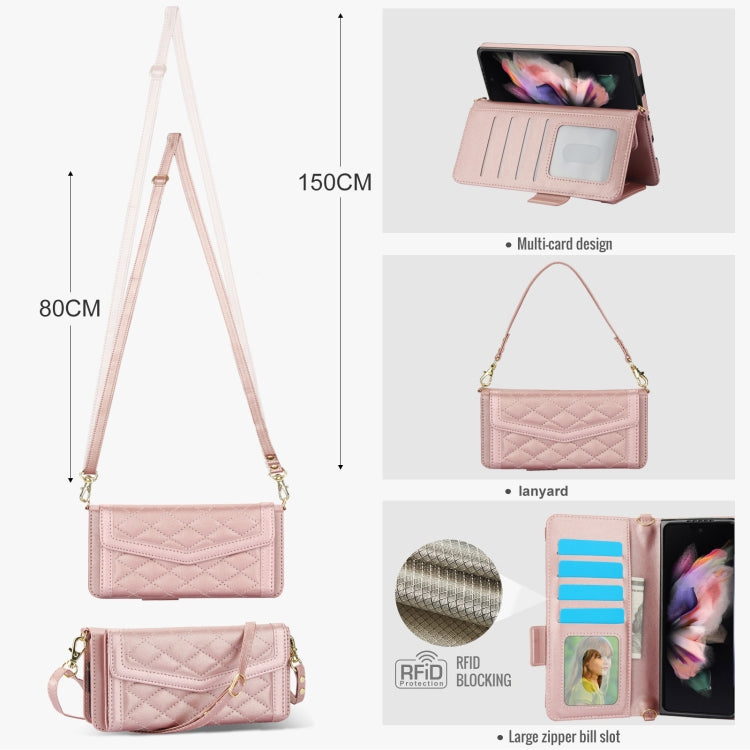For Samsung Galaxy Z Fold4 Splicing Rhombic Texture Card Holder Phone Case with Lanyard, Not Included Pen