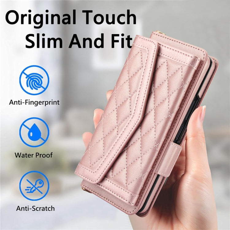 For Samsung Galaxy Z Fold4 Splicing Rhombic Texture Card Holder Phone Case with Lanyard, Not Included Pen