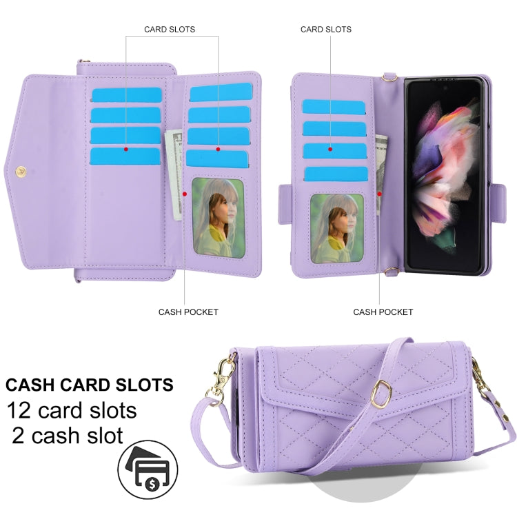 For Samsung Galaxy Z Fold4 Splicing Rhombic Texture Card Holder Phone Case with Lanyard, Not Included Pen