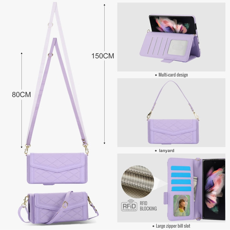 For Samsung Galaxy Z Fold4 Splicing Rhombic Texture Card Holder Phone Case with Lanyard, Not Included Pen