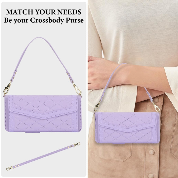 For Samsung Galaxy Z Fold4 Splicing Rhombic Texture Card Holder Phone Case with Lanyard, Not Included Pen