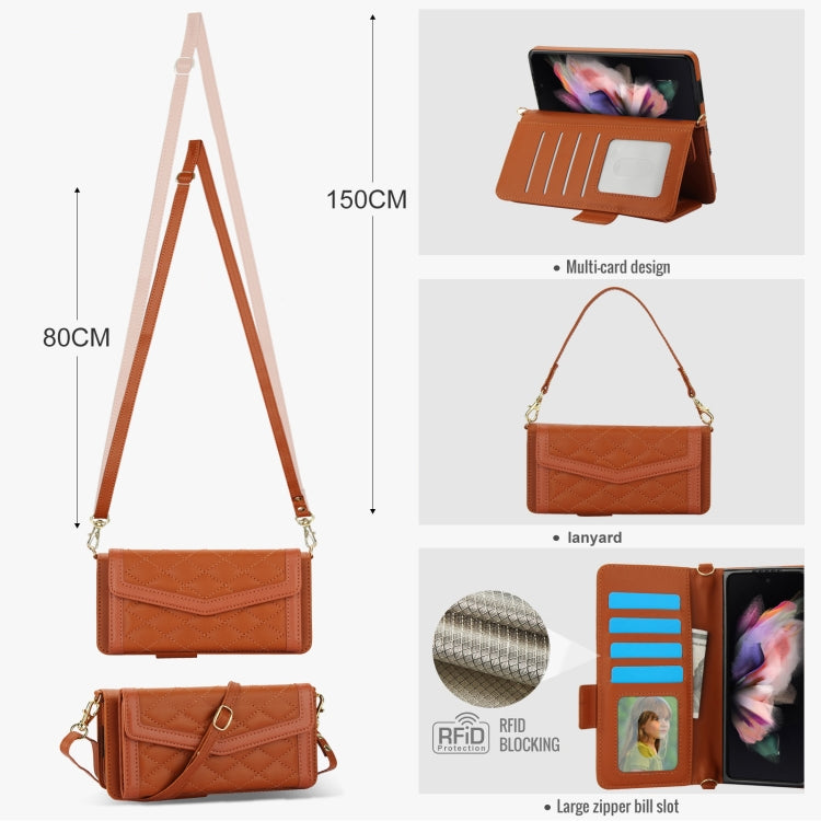For Samsung Galaxy Z Fold4 Splicing Rhombic Texture Card Holder Phone Case with Lanyard, Not Included Pen