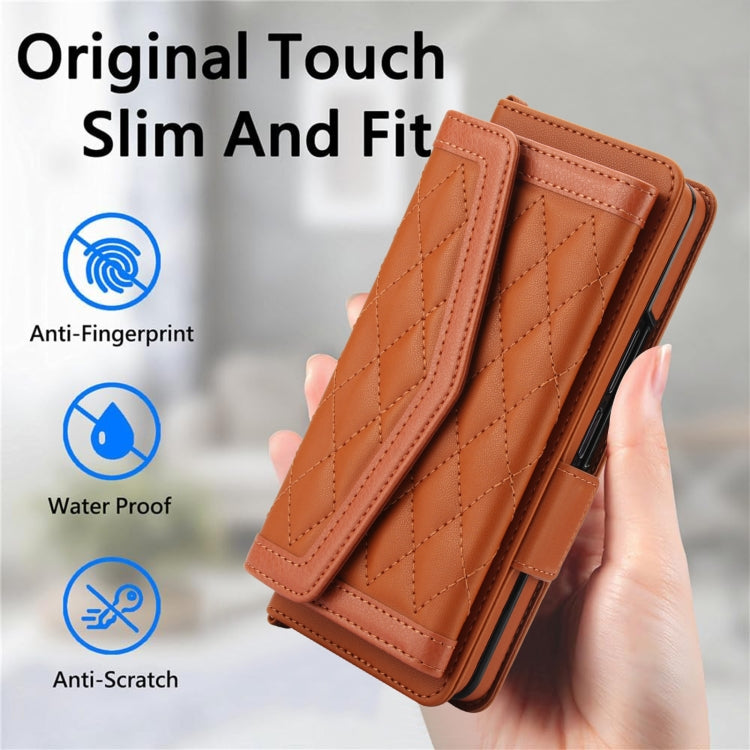 For Samsung Galaxy Z Fold4 Splicing Rhombic Texture Card Holder Phone Case with Lanyard, Not Included Pen