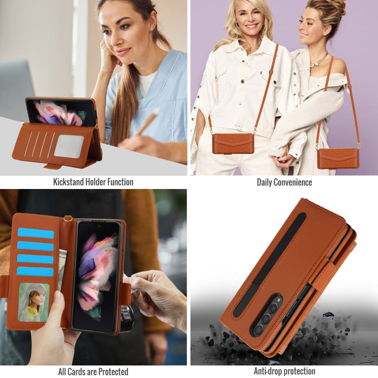 For Samsung Galaxy Z Fold4 Splicing Rhombic Texture Card Holder Phone Case with Lanyard, Not Included Pen