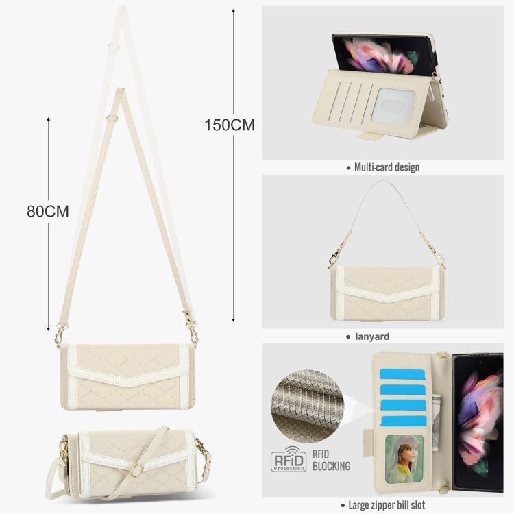 For Samsung Galaxy Z Fold3 5G Splicing Rhombic Texture Card Holder Phone Case with Lanyard, Not Included Pen