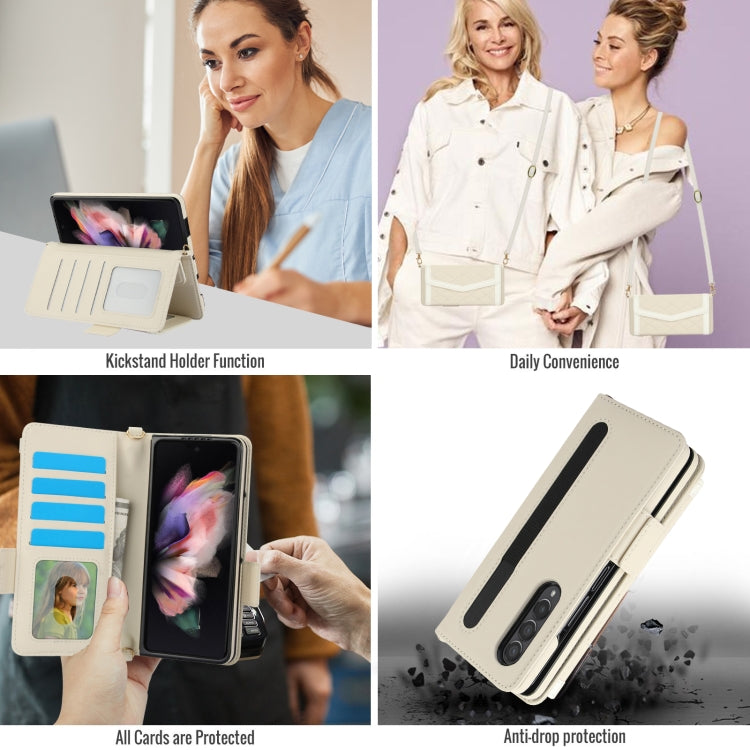 For Samsung Galaxy Z Fold3 5G Splicing Rhombic Texture Card Holder Phone Case with Lanyard, Not Included Pen