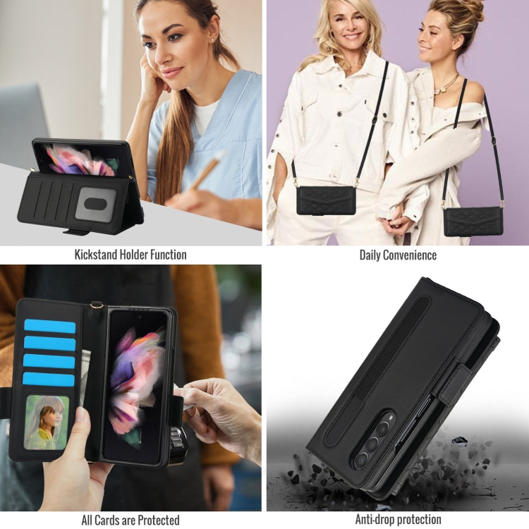 For Samsung Galaxy Z Fold3 5G Splicing Rhombic Texture Card Holder Phone Case with Lanyard, Not Included Pen