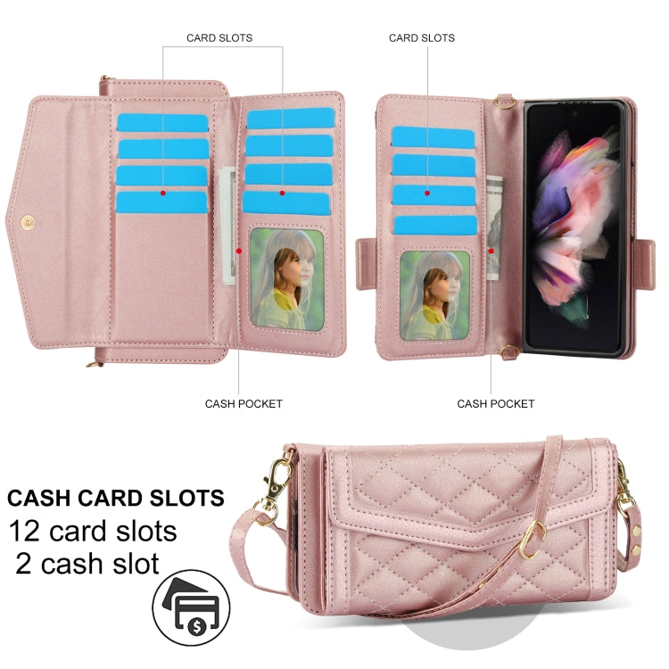 For Samsung Galaxy Z Fold3 5G Splicing Rhombic Texture Card Holder Phone Case with Lanyard, Not Included Pen