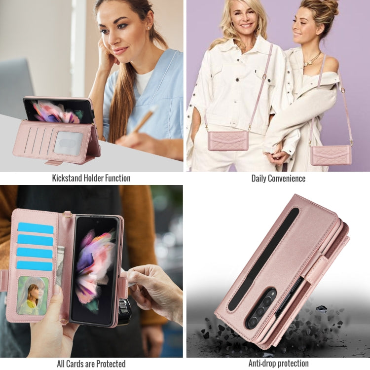 For Samsung Galaxy Z Fold3 5G Splicing Rhombic Texture Card Holder Phone Case with Lanyard, Not Included Pen