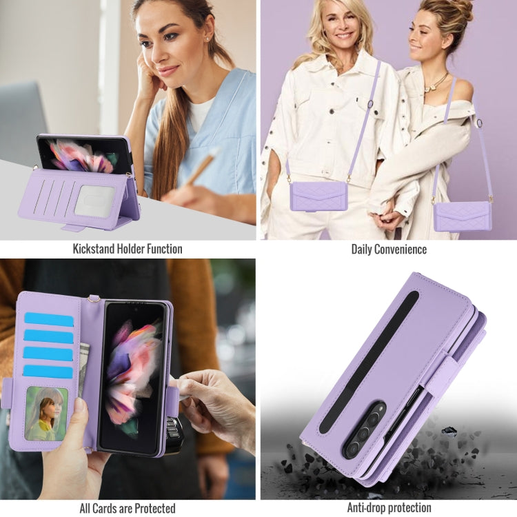 For Samsung Galaxy Z Fold3 5G Splicing Rhombic Texture Card Holder Phone Case with Lanyard, Not Included Pen