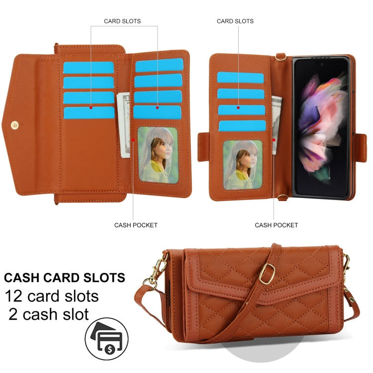For Samsung Galaxy Z Fold3 5G Splicing Rhombic Texture Card Holder Phone Case with Lanyard, Not Included Pen