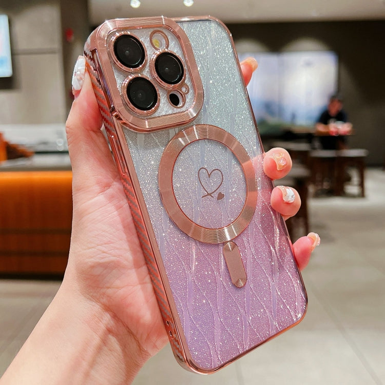 For iPhone 15 Pro Loves Leaves Gradient Glitter Carbon Fiber Magsafe TPU Phone Case