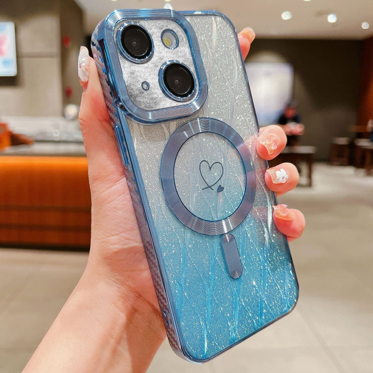 For iPhone 15 Plus Loves Leaves Gradient Glitter Carbon Fiber Magsafe TPU Phone Case