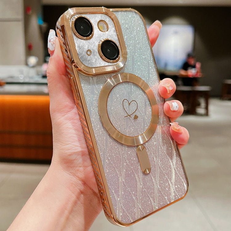 For iPhone 15 Loves Leaves Gradient Glitter Carbon Fiber Magsafe TPU Phone Case