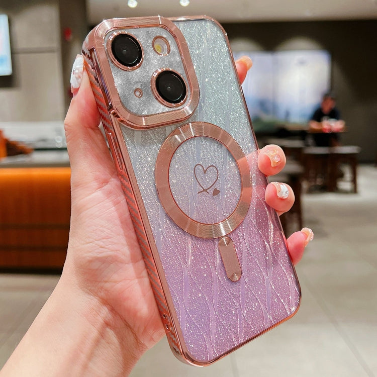 For iPhone 14 Plus Loves Leaves Gradient Glitter Carbon Fiber Magsafe TPU Phone Case