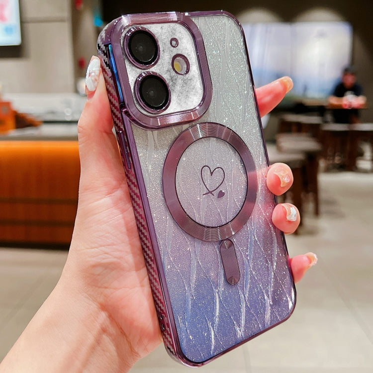 For iPhone 12 Loves Leaves Gradient Glitter Carbon Fiber Magsafe TPU Phone Case