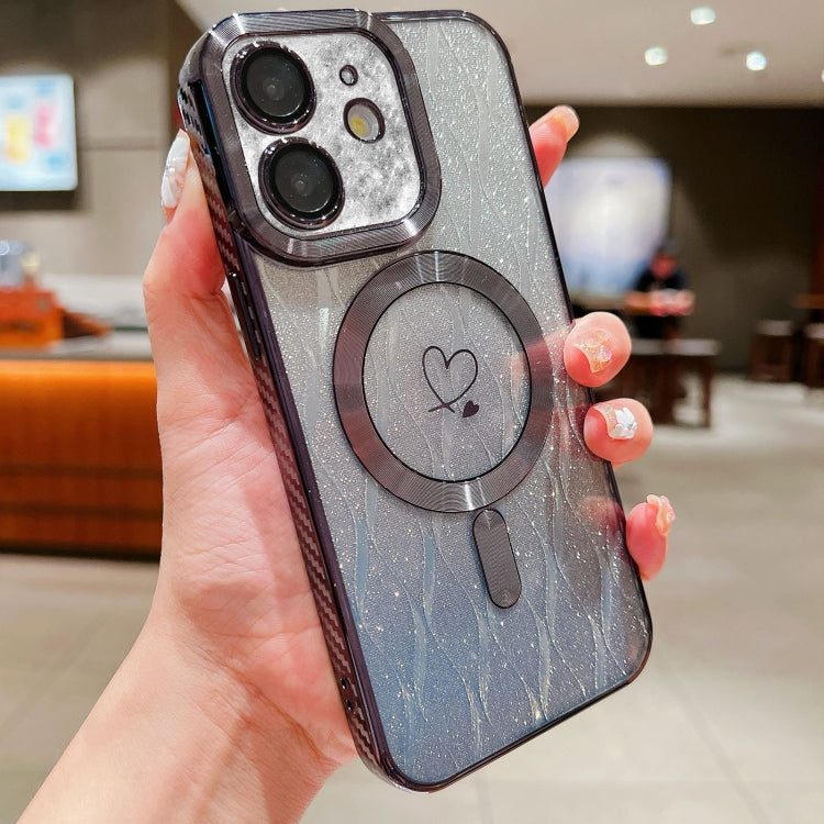 For iPhone 11 Loves Leaves Gradient Glitter Carbon Fiber Magsafe TPU Phone Case