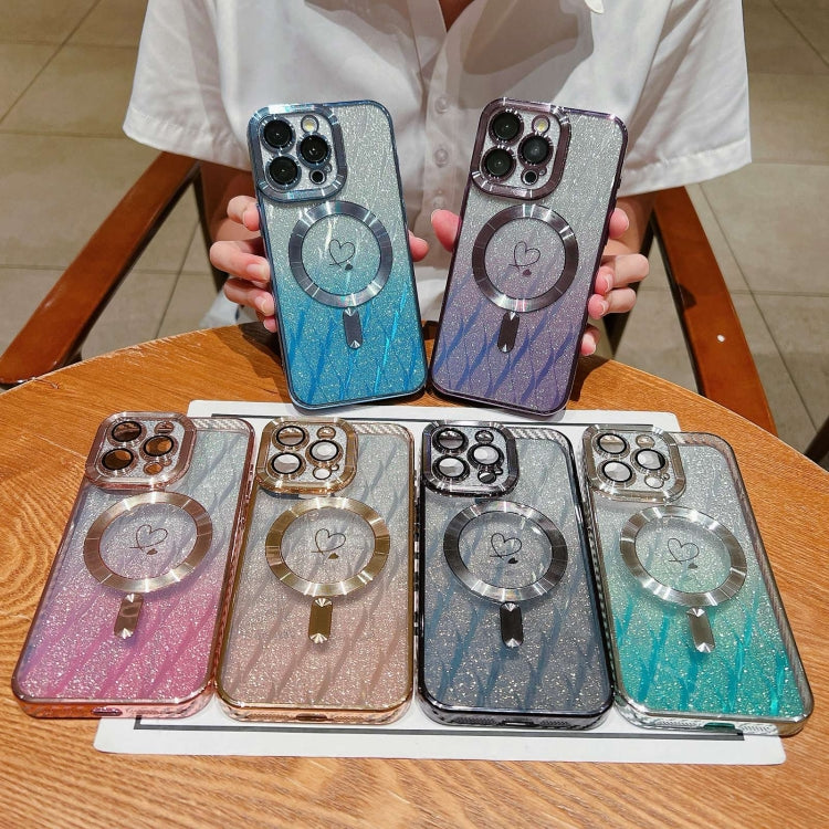 For iPhone 15 Pro Loves Leaves Gradient Glitter Carbon Fiber Magsafe TPU Phone Case