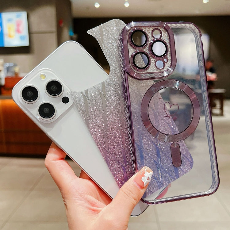 For iPhone 15 Plus Loves Leaves Gradient Glitter Carbon Fiber Magsafe TPU Phone Case