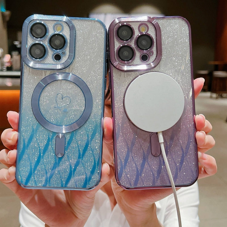 For iPhone 15 Pro Loves Leaves Gradient Glitter Carbon Fiber Magsafe TPU Phone Case