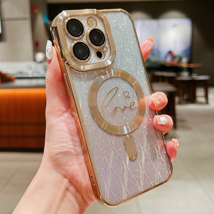 For iPhone 15 Pro Max Dual-Love Leaves Gradient Glitter Magsafe TPU Phone Case