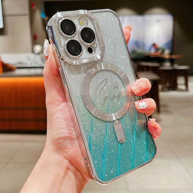 For iPhone 15 Pro Dual-Love Leaves Gradient Glitter Magsafe TPU Phone Case