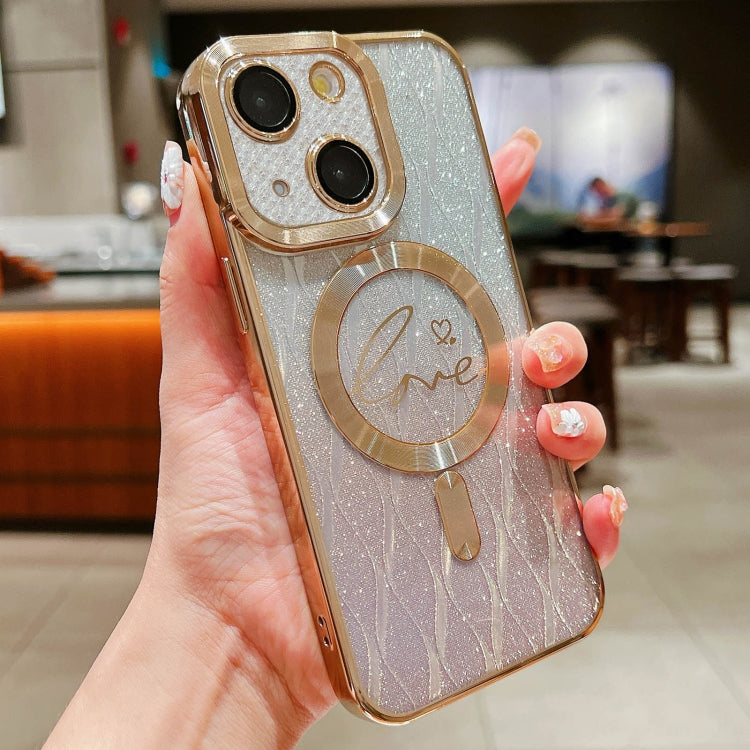 For iPhone 15 Plus Dual-Love Leaves Gradient Glitter Magsafe TPU Phone Case