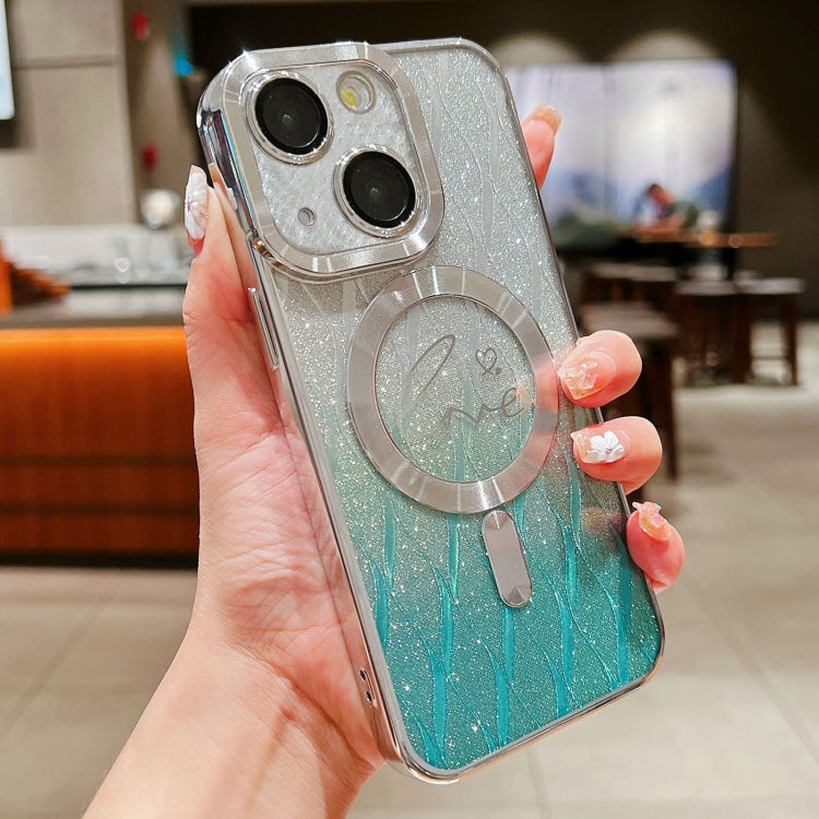 For iPhone 15 Plus Dual-Love Leaves Gradient Glitter Magsafe TPU Phone Case