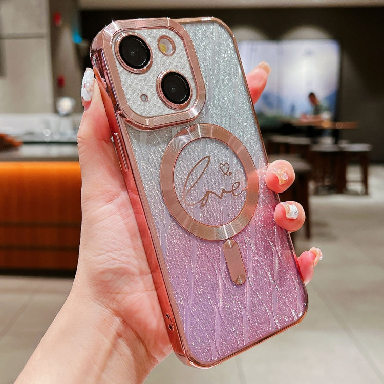 For iPhone 15 Dual-Love Leaves Gradient Glitter Magsafe TPU Phone Case