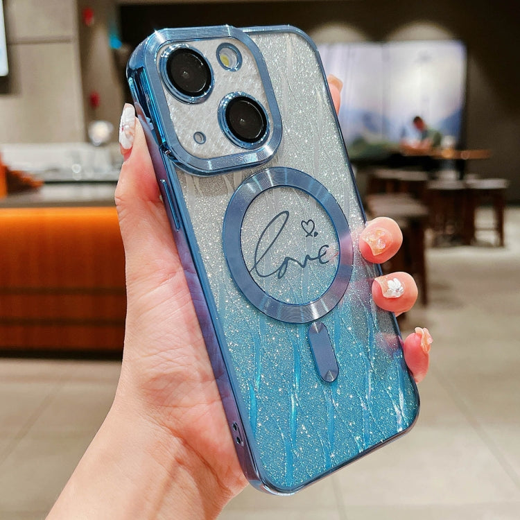 For iPhone 15 Dual-Love Leaves Gradient Glitter Magsafe TPU Phone Case