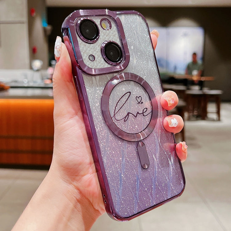 For iPhone 14 Plus Dual-Love Leaves Gradient Glitter Magsafe TPU Phone Case