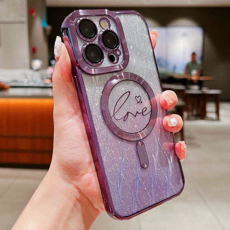 For iPhone 14 Pro Dual-Love Leaves Gradient Glitter Magsafe TPU Phone Case
