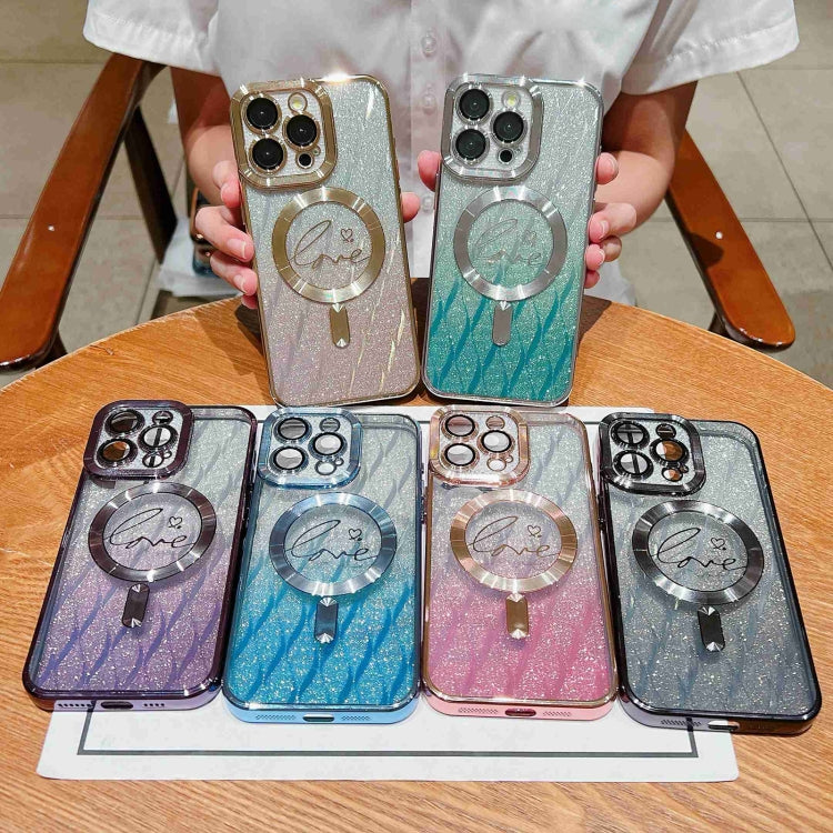 For iPhone 14 Pro Max Dual-Love Leaves Gradient Glitter Magsafe TPU Phone Case