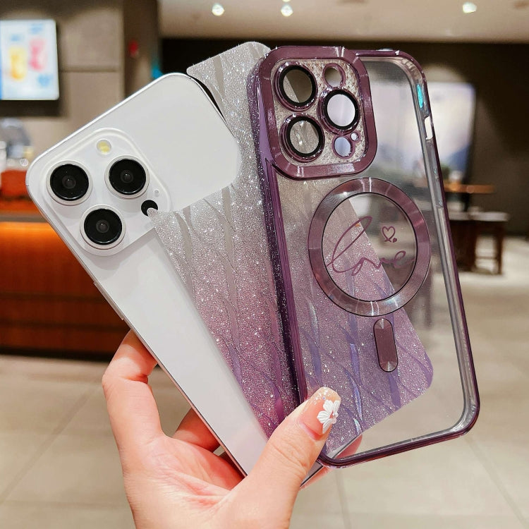For iPhone 12 Pro Dual-Love Leaves Gradient Glitter Magsafe TPU Phone Case